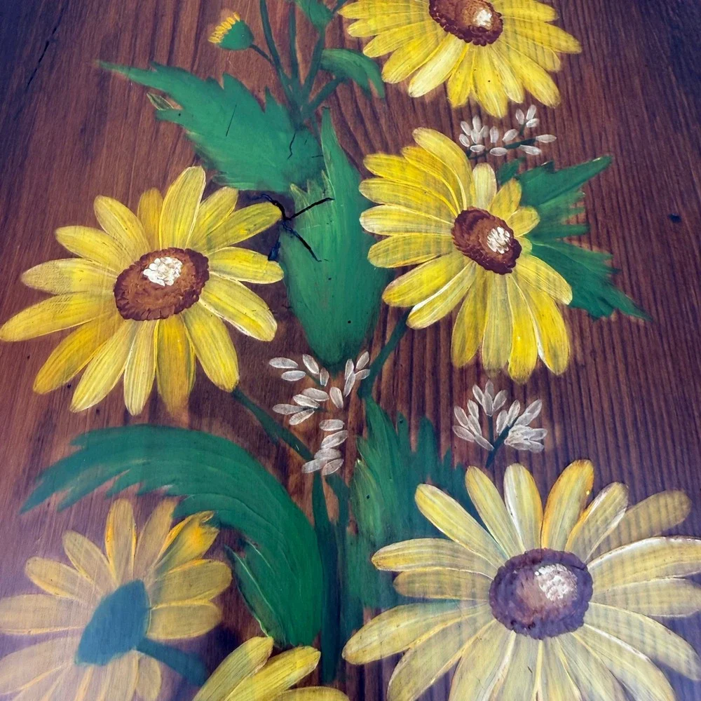 Vintage 1975 Hand Painted Yellow Daisy Floral Wood Plaque Wall Art Folk Art 16in
